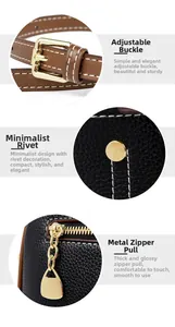 Detail of gold buckle, litchi grain leather with rivets, and golden zipper puller