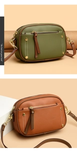 Detailed view of pebbled leather crossbody bags in olive and brown with tassel zippers
