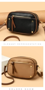 Close-up of color-blocked crossbody camera bags in black and brown with gold hardware