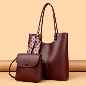 Women Large Capacity Tote Bag And Crossbody Pouch PU Leather With Satin Scarf Decor Retro Style Daily Commute