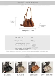 Detailed size chart for the soft PU bucket bag featuring dimensions and four color options