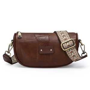 Vintage brown leather crossbody bag with ethnic jacquard strap and rhombus patchwork design