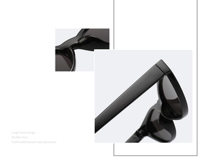 Macro detail of the hinge and temple of black cat-eye sunglasses with a glossy finish