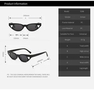 Detailed size chart for cat eye sunglasses with frame dimensions and product specifications
