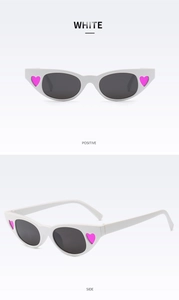 Detailed views of white cat-eye sunglasses with pink heart accents on sides
