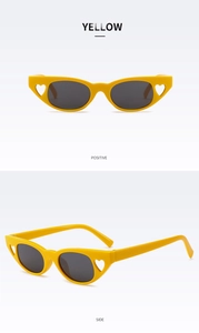Front and side views of trendy yellow heart shaped sunglasses with dark UV lenses