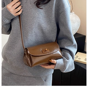 Polished brown retro crossbody bag with a gold metal turn-lock and slender shoulder strap