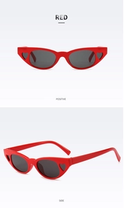 Front and side views of red cat-eye sunglasses with unique hollow heart-shaped temple detail