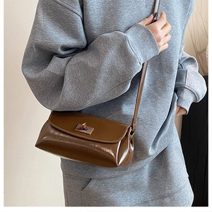 Detail of a brown patent leather crossbody bag with a gold rectangular swivel lock