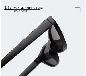 Detail view of non-slip mirror legs on trendy cat eye sunglasses for women