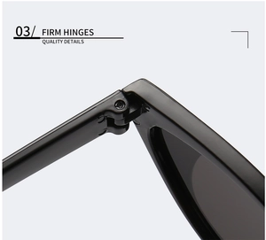 Detail view of durable metal hinges and polished black frame on trendy cat eye sunglasses