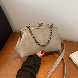 Vintage crocodile pattern shell bag in taupe with bronze clasp and beaded chain