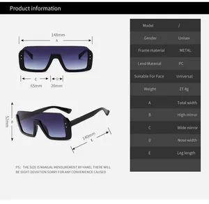 Größentabelle für Unisex-Sonnenbrillen mit detaillierten Rahmen- und Glasabmessungen