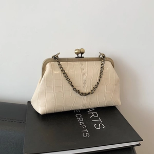 Retro cream crocodile pattern shell bag with pearl beads and bronze frame clutch