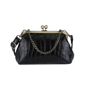 Retro black crocodile pattern shell bag with metal chain and adjustable strap