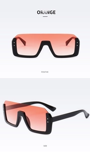 Vorder- und Seitenansicht der übergroßen Sonnenbrille mit orangefarbenem Farbverlauf