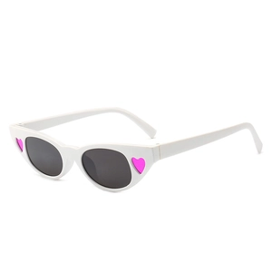 Stylish white cat-eye sunglasses featuring purple heart accents and dark lenses