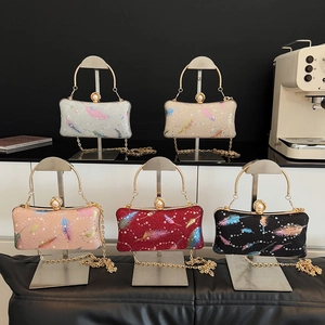 Bolso de fiesta con lentejuelas, estampado de plumas y cierre de perla en cinco colores