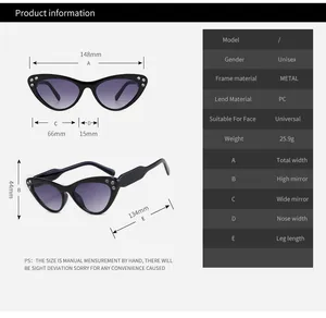 Tabella delle taglie dettagliata e dimensioni per occhiali da sole cat-eye in metallo