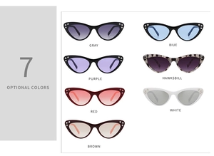 Catalogo dettagliato con sette varianti di occhiali da sole cat-eye con accenti in strass