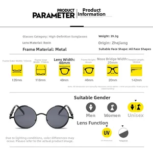 Detailed size chart for steampunk sunglasses showing frame dimensions and UV protection specs