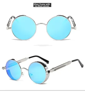 Steampunk round sunglasses with silver frame, blue lenses and spring temple detail