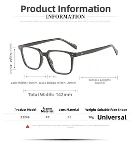 Detailed technical specifications and dimensions of the black square eyeglass frames