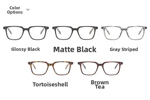 Flat lay of retro square glasses frames in five colors including black, striped and tortoiseshell