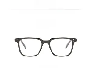 Front view of glossy black square eyeglass frames with silver rivet details and clear lenses