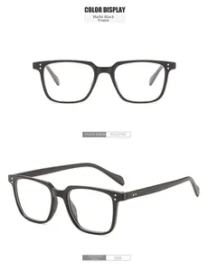 Front and side view of matte black square eyeglass frames with silver rivet details