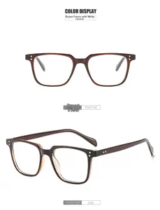 Front and 45-degree angle view of vintage square tea-colored frames with metal rivets
