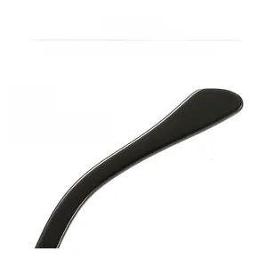 Detailed close-up of glossy black eyeglass temples with smooth polished finish