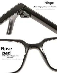 Detail of durable metal hinges and ergonomic nose pads on black square eyewear frames