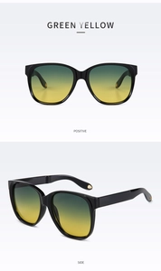 Detailansicht der großen schwarzen quadratischen Sonnenbrille mit grün-gelbem Farbverlauf
