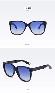 Detailansicht der schwarzen Oversize-Sonnenbrille mit blauem Verlauf und goldenen Akzenten