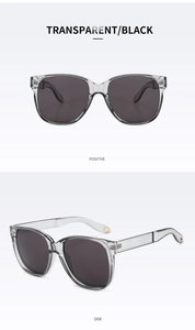 Detailansicht der transparent grauen quadratischen Sonnenbrille mit schwarzen Gläsern