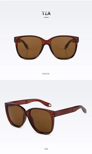 Frontal- und Seitenansicht der übergroßen teebraunen Sonnenbrille mit klarem Rahmen