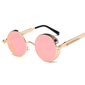 Classic steampunk sunglasses with round pink lenses and gold metal frame on white background