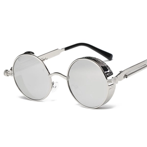 Classic silver steampunk sunglasses with round metal frame and side shields for men and women