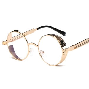 Classic round steampunk sunglasses with gold metal frame and ornate side shield detail