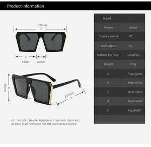 Detailed size specifications for oversized square sunglasses with PC frame dimensions