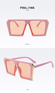 Detailed front and side views of pink oversized square sunglasses with gold accents