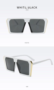 Front and side views of white square oversized sunglasses with gold metal accents
