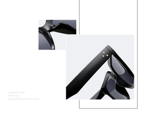 Detail view of black square sunglasses with grey lenses and three golden rivets on the temple