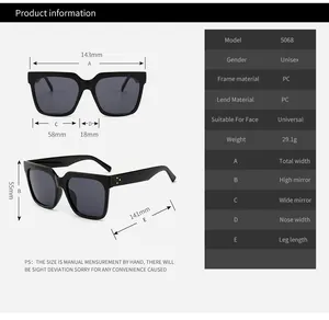 Detailed size chart for unisex square PC sunglasses showing frame and lens dimensions