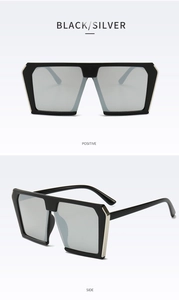 Detailed views of oversized square black sunglasses with silver lenses and metal accents