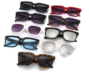 Multiple colorful square oversized sunglasses showing various frame colors and CE markings