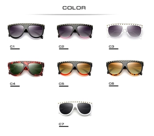 Vue détaillée de sept variantes de couleurs de lunettes de soleil à rivets oversize