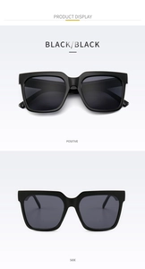 Detailed front and side views of fashionable black square frame sunglasses with dark lenses