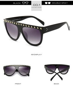 Vues détaillées de lunettes de soleil oversize à dessus plat avec clous dorés et poli main